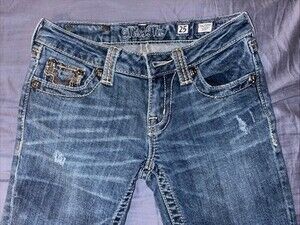 Miss Me Cowhide Embellished Boot Cut Jeans Y2K Womens Size 25 Distressed Cowgirl
